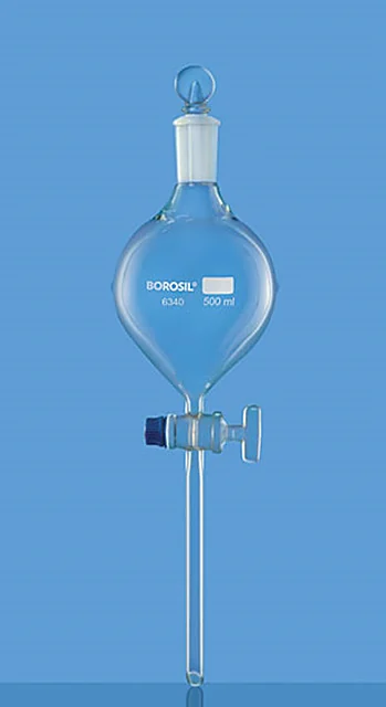 Borosil 6340 Separating Funnel, Globe Shape, With Glass Stopcock & I/C Glass Stopper – Borosil