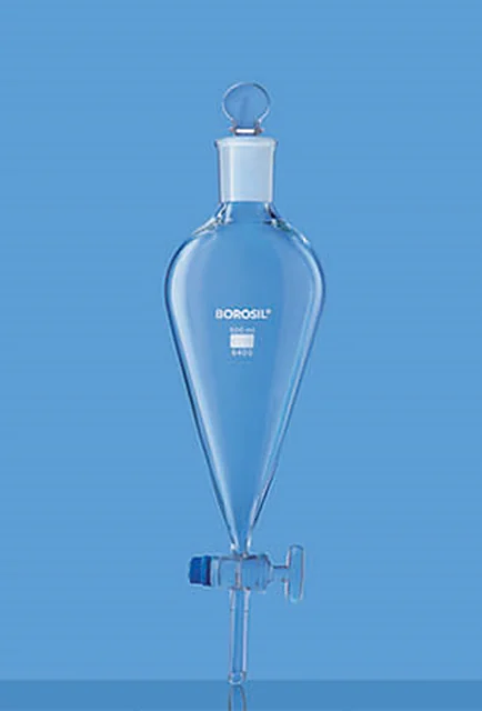 Borosil 6400 Separating Funnel, Pear Shape, With Glass Stopcock & I/C Glass Stopper – Borosil