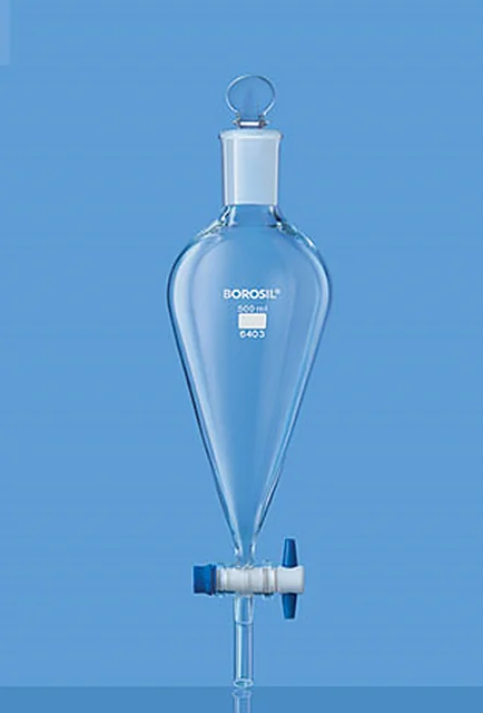 Borosil 6403 Separating Funnel, Pear Shape, With Glass Stopcock & I/C Glass Stopper – Borosil